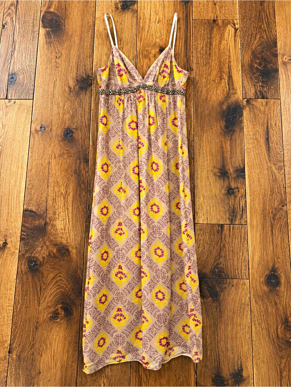 Maxi Dress Geometric V-Neck Beaded Size Small